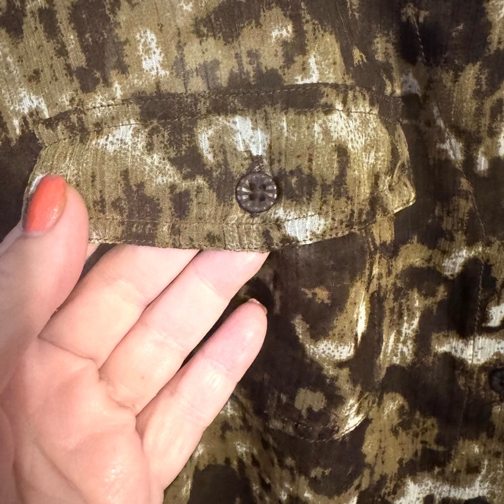 BROWN/TAN/GREEN PRINT 3/4 Sleeve Button Down TOP CREAM/LACE DETAIL SZ: 18 #V - Picture 3 of 10
